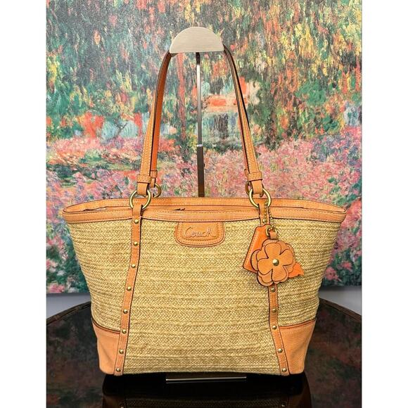 Coach Handbags - GUC Coach F21959 Alexandra Python Straw Tote in Natural/Coral